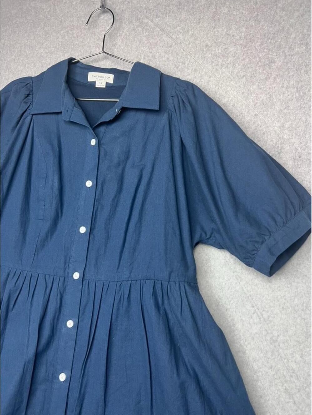 Chic Soul Dress 1X Navy Blue Cotton Linen Button Up Cottagecore Coastal Plus - Picture 9 of 10